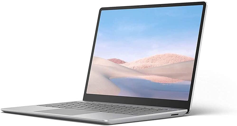 Microsoft Surface Laptop Go 1 in silver with 12.4-inch display, Intel Core i5, 16GB RAM, and 256GB SSD, running Windows 11 Pro.