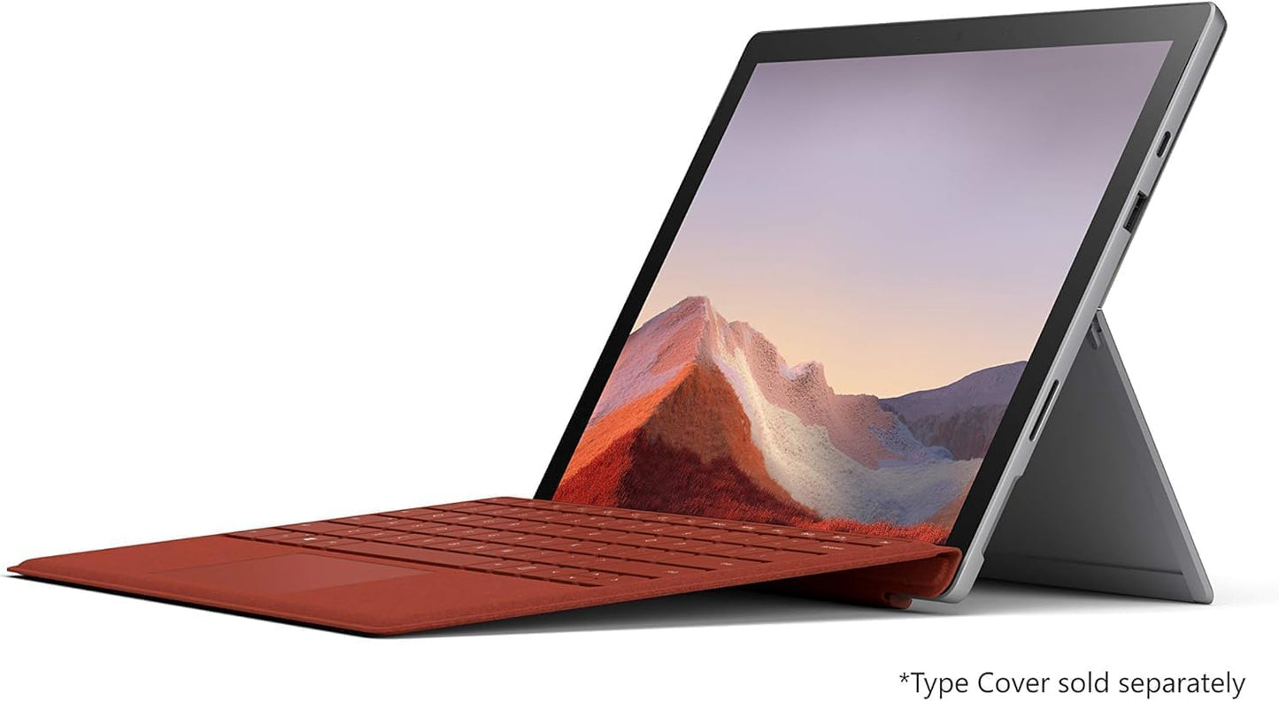 Microsoft Surface Pro 7+ laptop with 12.3-inch display, Intel Core i7, 16GB RAM, silver finish, running Windows 11 Pro.
