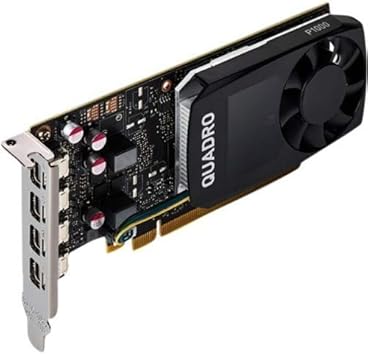 Refurbished Nvidia Quadro P1000 4GB GDDR5 workstation graphics card with 4 mini DisplayPorts, shown from a side angle.