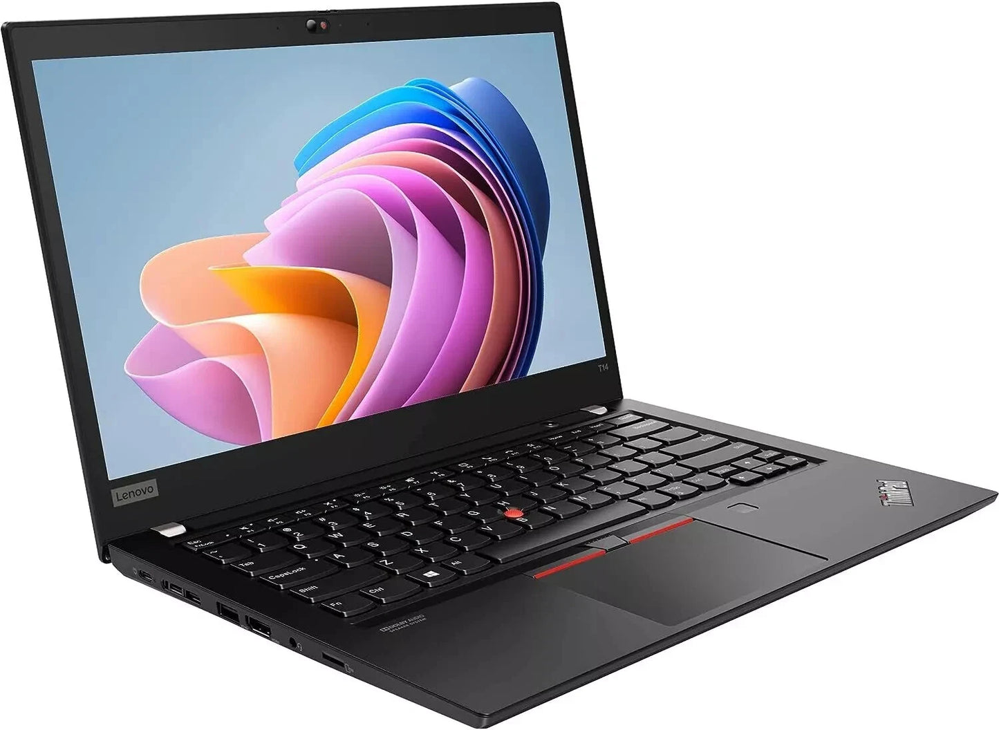 Lenovo ThinkPad T14 Gen 2 14-inch refurbished laptop with AMD Ryzen 7 Pro 5850U processor and black keyboard.