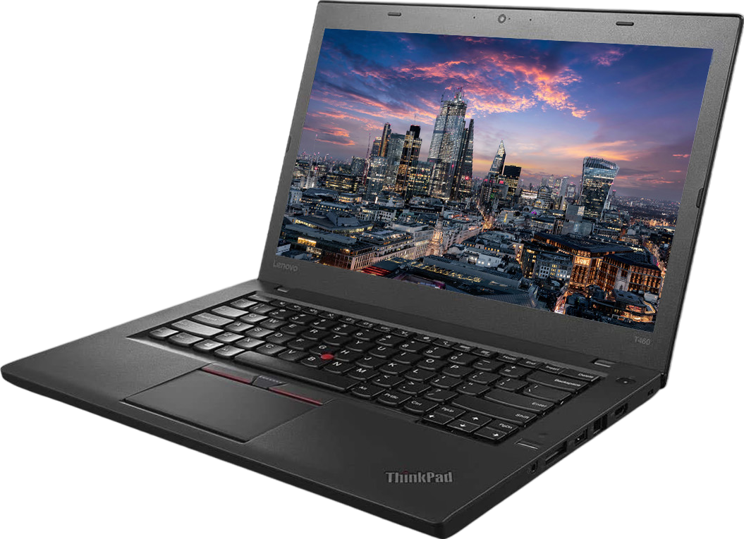 Lenovo ThinkPad T460 laptop in black, featuring Intel Core i5-6300U, 8GB RAM, and 256GB SSD. Refurbished model.
