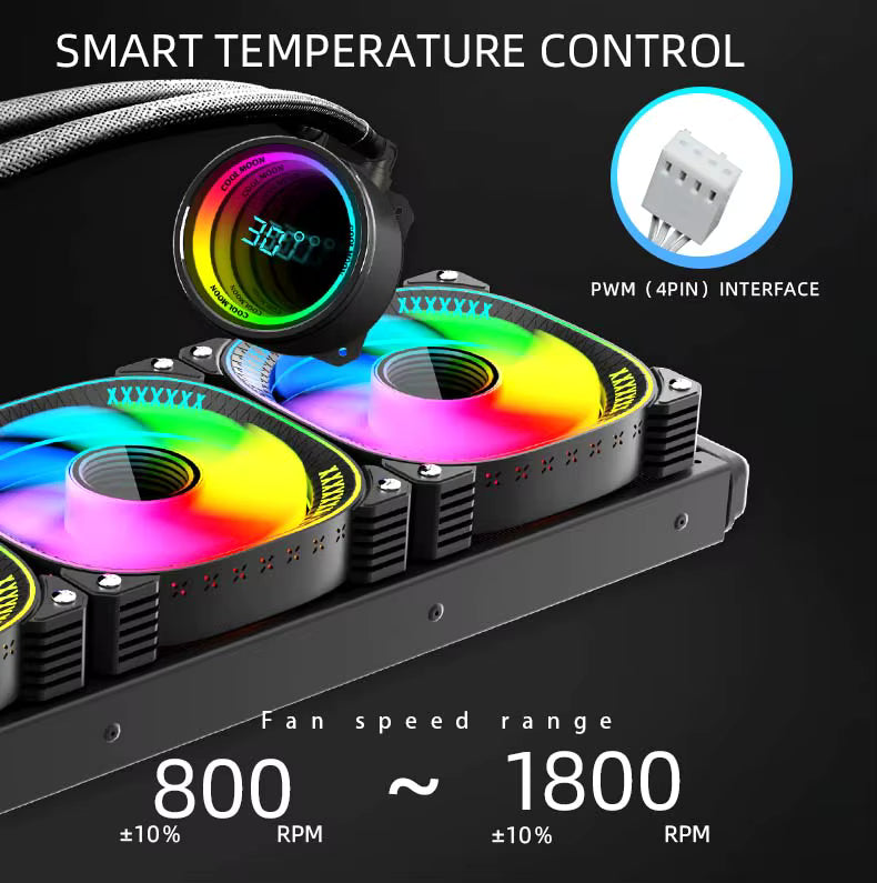 Coolmoon TY360 liquid AIO CPU cooler with 360mm radiator and ARGB lighting, designed for high-performance PC cooling.