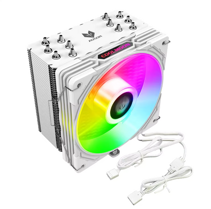 Coolmoon AOSOR AS600 CPU air cooler with ARGB lighting, 6 heat pipes, 120mm PWM fan, compatible with Intel LGA1700 and AMD AM5 systems.