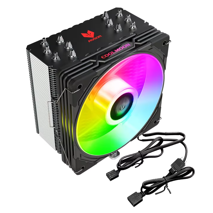 Coolmoon AOSOR AS600 CPU air cooler with ARGB lighting, 6 heat pipes, 120mm PWM fan, compatible with Intel LGA1700 and AMD AM5.