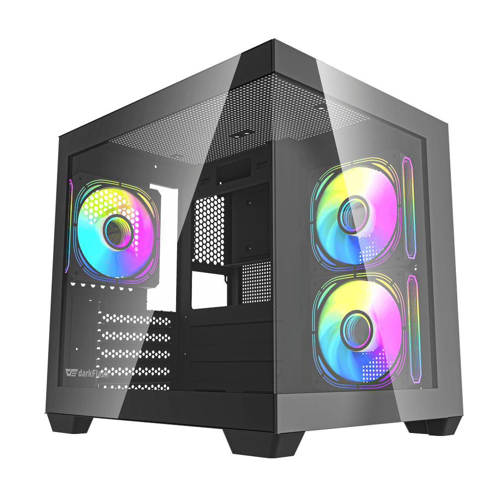 Darkflash C275P M-ATX gaming computer case with full view dual tempered glass panels in black.