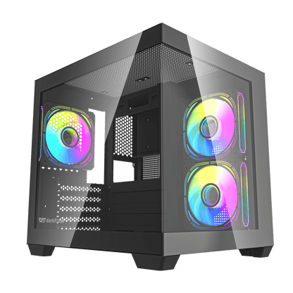 Darkflash C275P M-ATX gaming computer case with full view dual tempered glass panels in black.