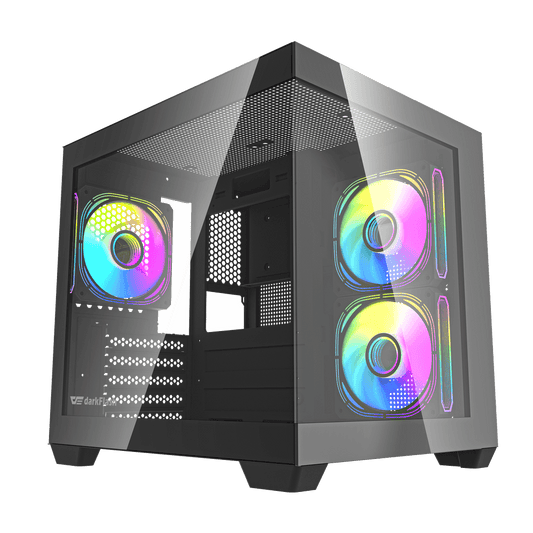 Darkflash C275P M-ATX gaming computer case with full view dual tempered glass panels in black.