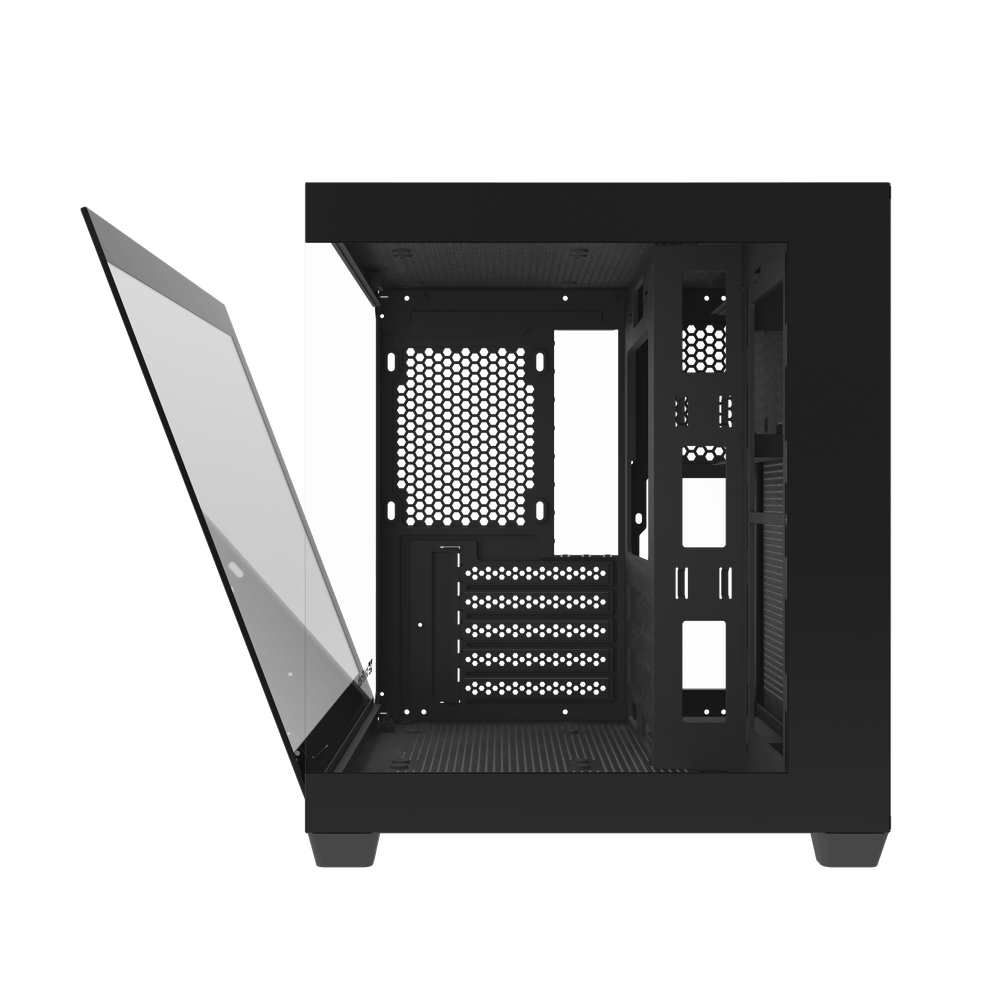 Darkflash C275P M-ATX gaming computer case with full view dual tempered glass panels in black.