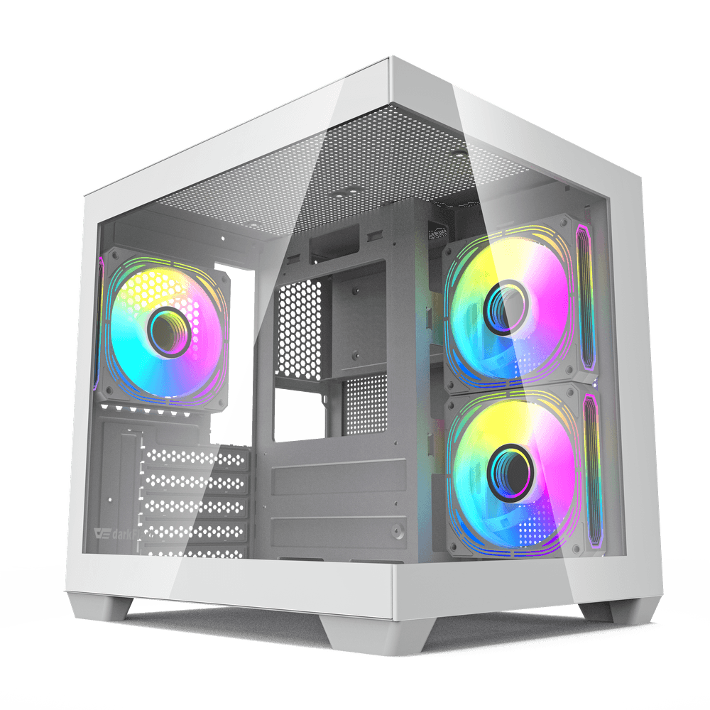 Darkflash C275P M-ATX gaming computer case with full view dual tempered glass panels in white.