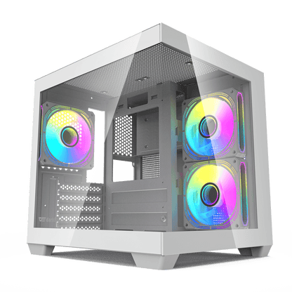 Darkflash C275P M-ATX gaming computer case with full view dual tempered glass panels in white.