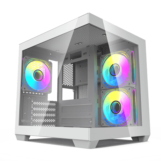 Darkflash C275P M-ATX gaming computer case with full view dual tempered glass panels in white.