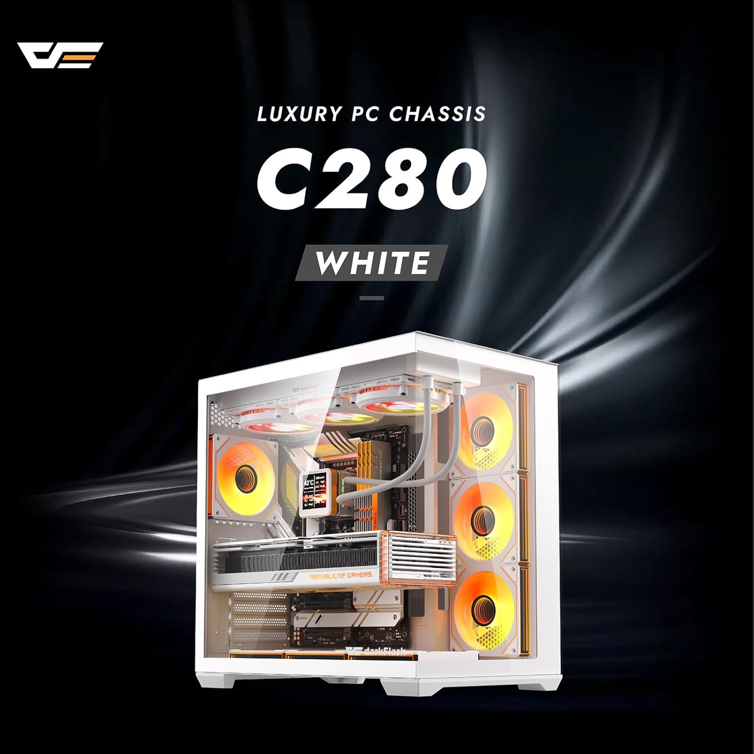 Darkflash C280 ATX gaming computer case with 270° panoramic tempered glass side panel and sleek black design.