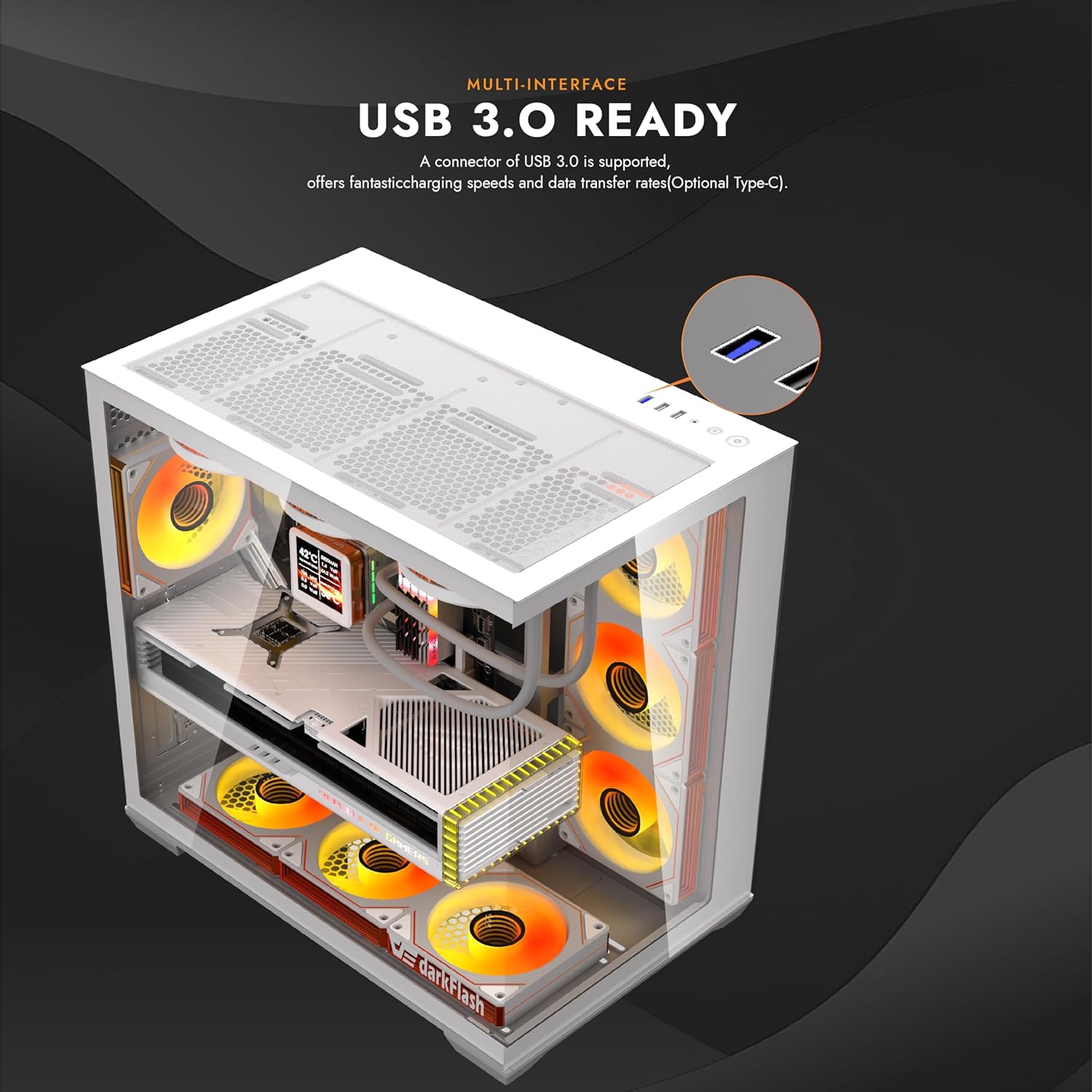 Darkflash C280 ATX gaming computer case with 270° panoramic tempered glass side panel and modern design.
