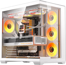 Darkflash C280 ATX computer case with 270° panoramic tempered glass panel and sleek white finish for gaming setups.