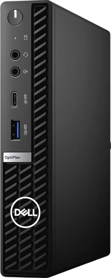 Refurbished Dell Optiplex Micro Tiny PC with Intel Core i7-11700T processor, compact desktop computer on a neutral background.