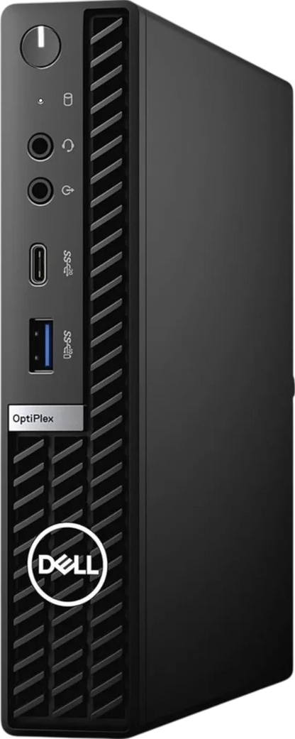 Refurbished Dell Optiplex Micro Tiny PC with Intel Core i7-11700T processor, compact desktop computer on a neutral background.