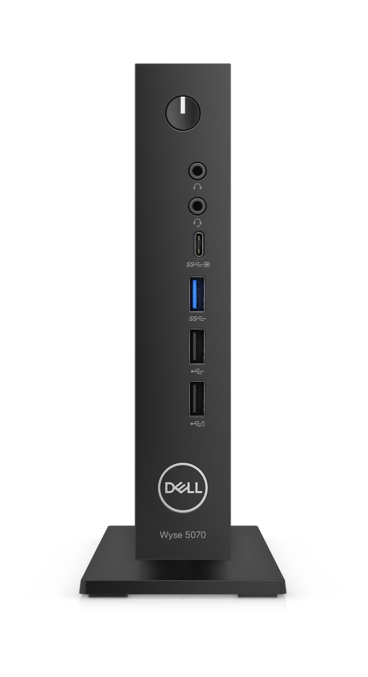 Dell Wyse Micro Refurbished Tiny PC with Intel Celeron J4105 processor, compact desktop computer on a neutral background.