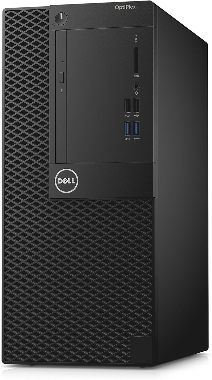 Dell OptiPlex refurbished tower desktop with Intel Core i5-7200U processor, black case, front port panel, and power button.