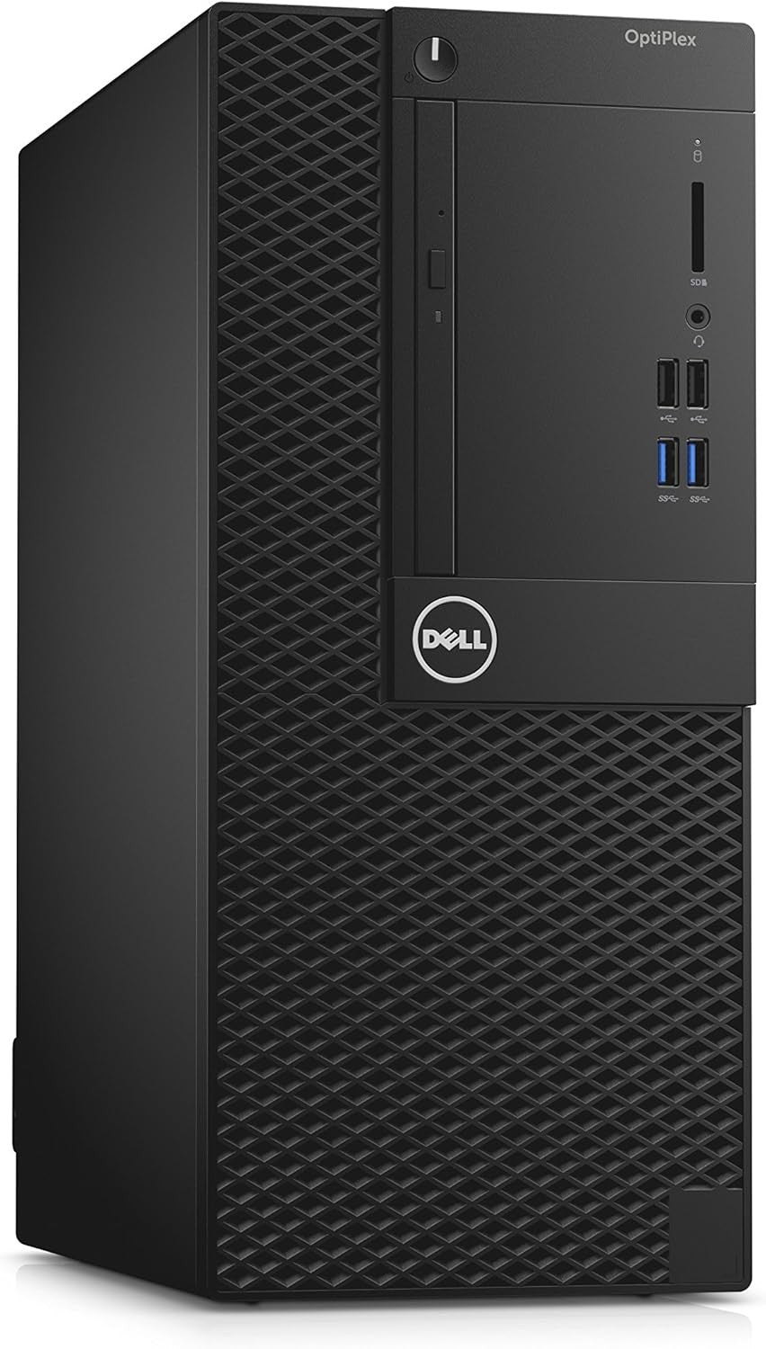 Refurbished Dell OptiPlex desktop tower with Intel Core i5-7200U processor, black case, and front USB ports.