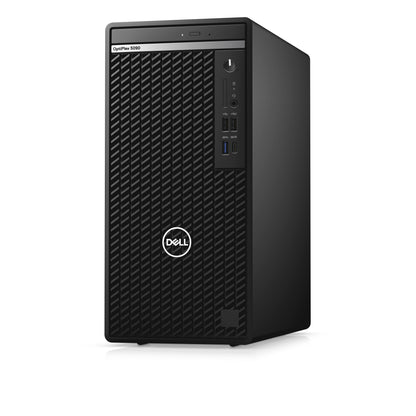 Refurbished Dell OptiPlex desktop tower with Intel Core i7-11700 processor, black case, front USB ports, and power button.