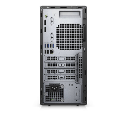 Refurbished Dell OptiPlex desktop tower with Intel Core i7-11700 processor, black case, front USB ports, and ventilation.
