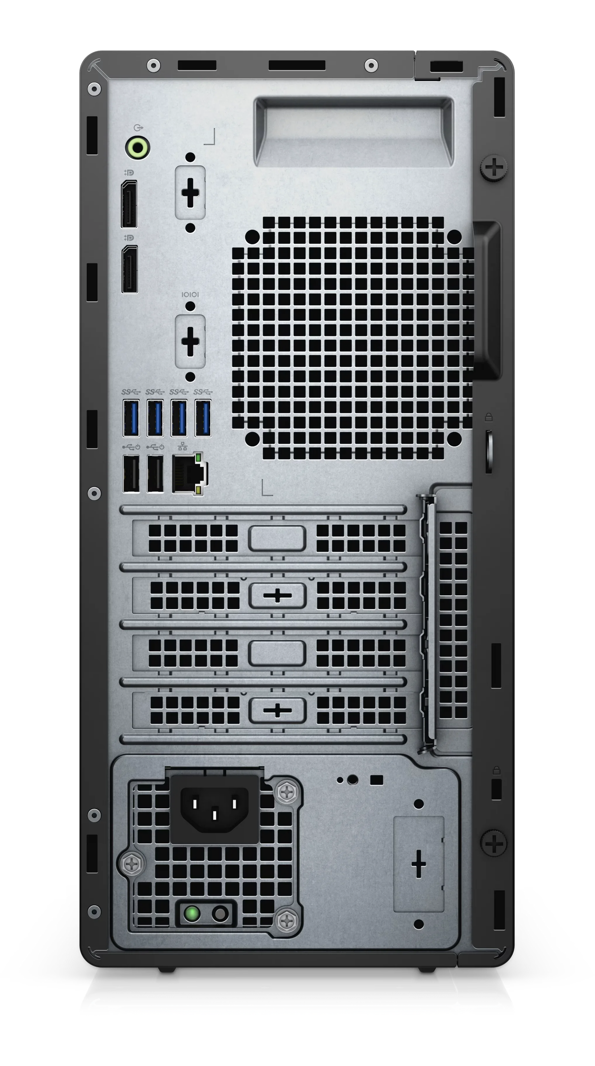 Dell OptiPlex Tower desktop with Intel Core i7-10700 processor, refurbished, compact design, black case with front USB ports.