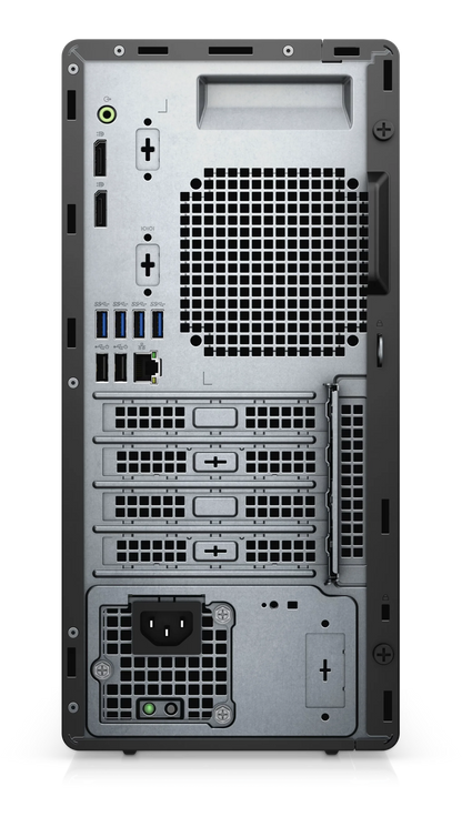 Dell OptiPlex Tower desktop with Intel Core i7-10700 processor, refurbished, compact design, black case with front USB ports.
