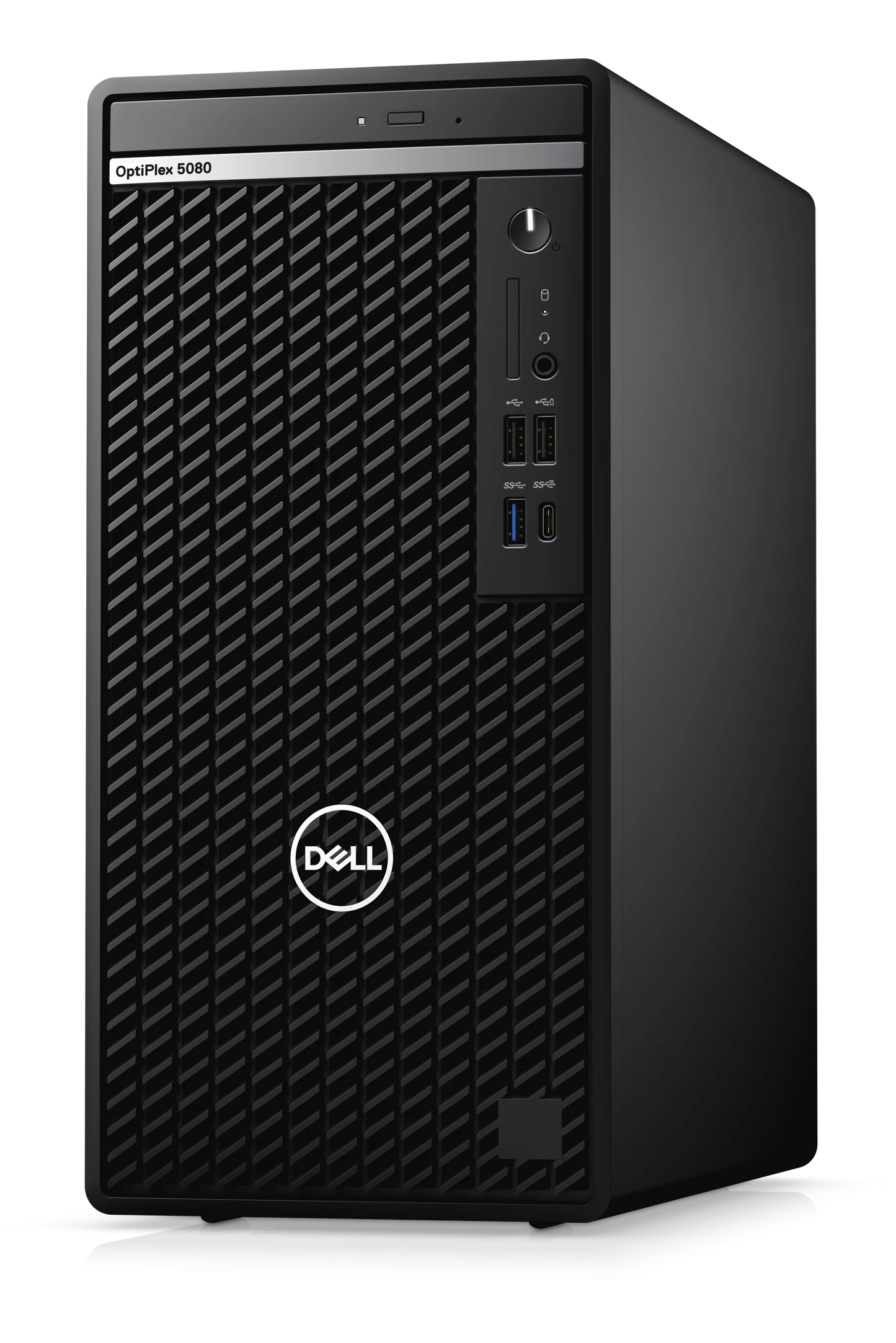 Dell OptiPlex Tower desktop with Intel Core i7-10700 processor, showing the refurbished desktop computer with front ports and vents.