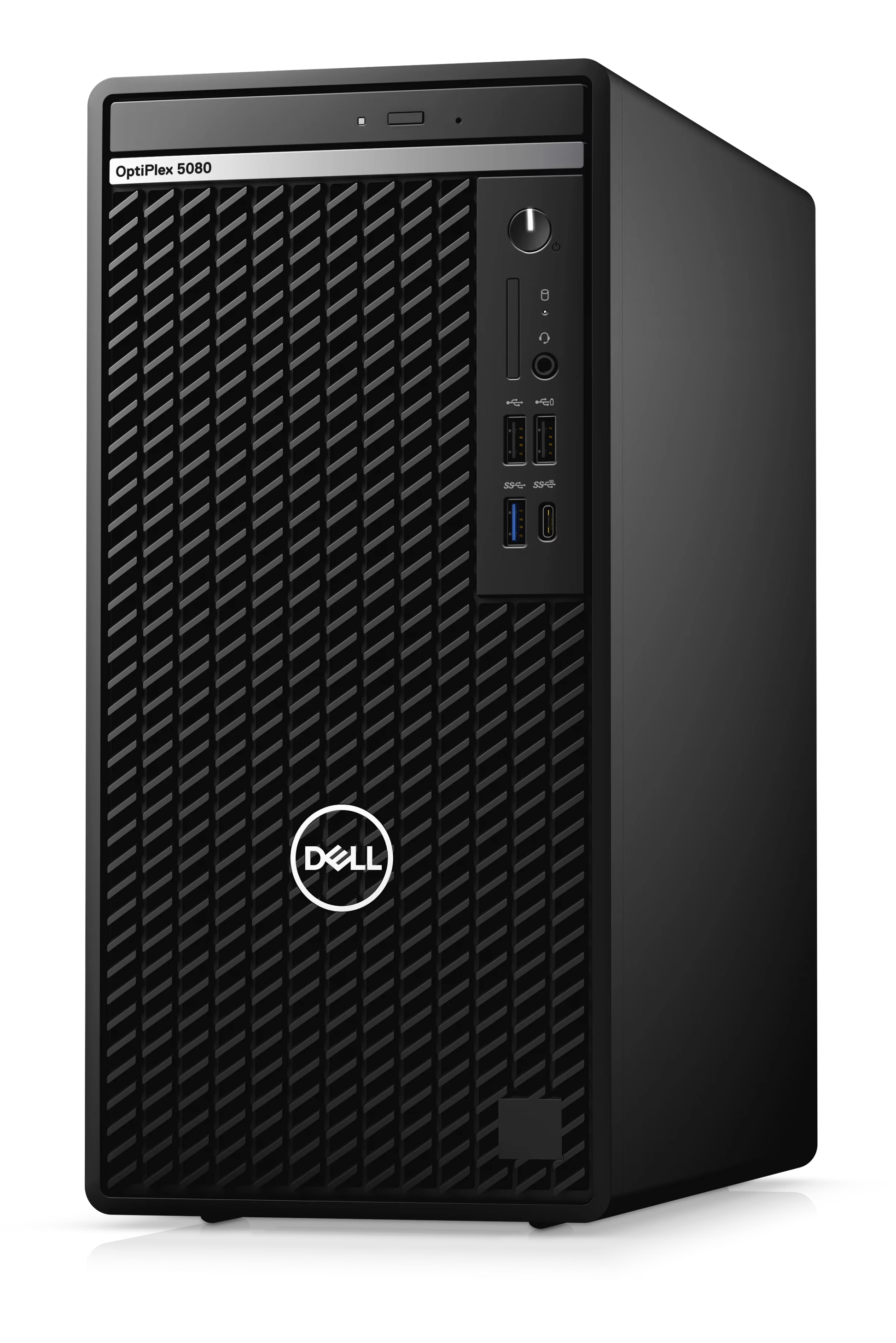 Dell OptiPlex Tower desktop with Intel Core i7-10700 processor, showing the refurbished desktop computer with front ports and vents.