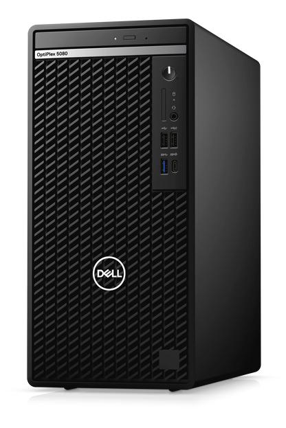 Dell OptiPlex Tower desktop with Intel Core i7-10700 processor, showing the refurbished desktop computer with front ports and vents.