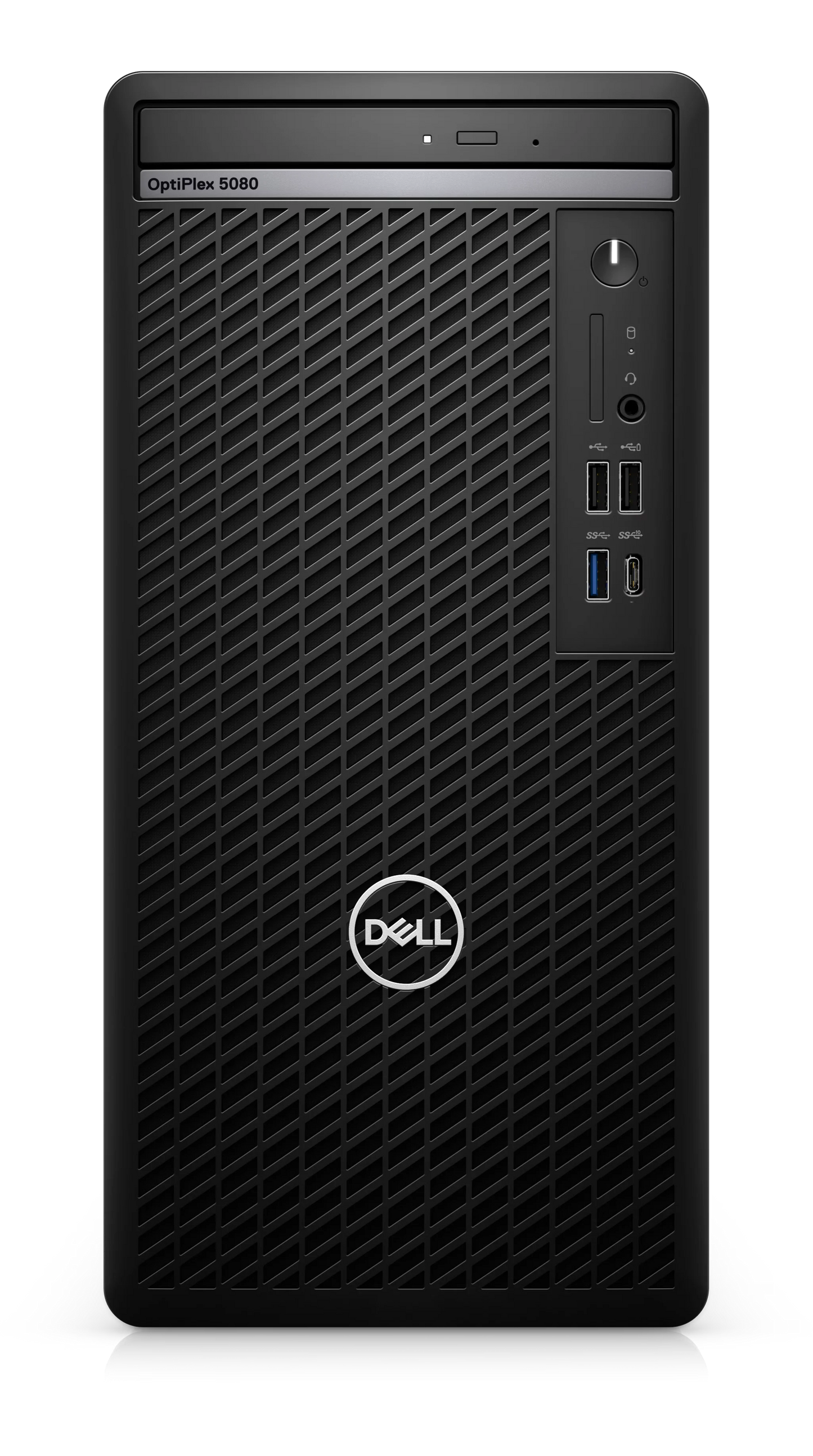 Refurbished Dell OptiPlex tower desktop with Intel Core i7-10700 processor, black case, and front USB ports.