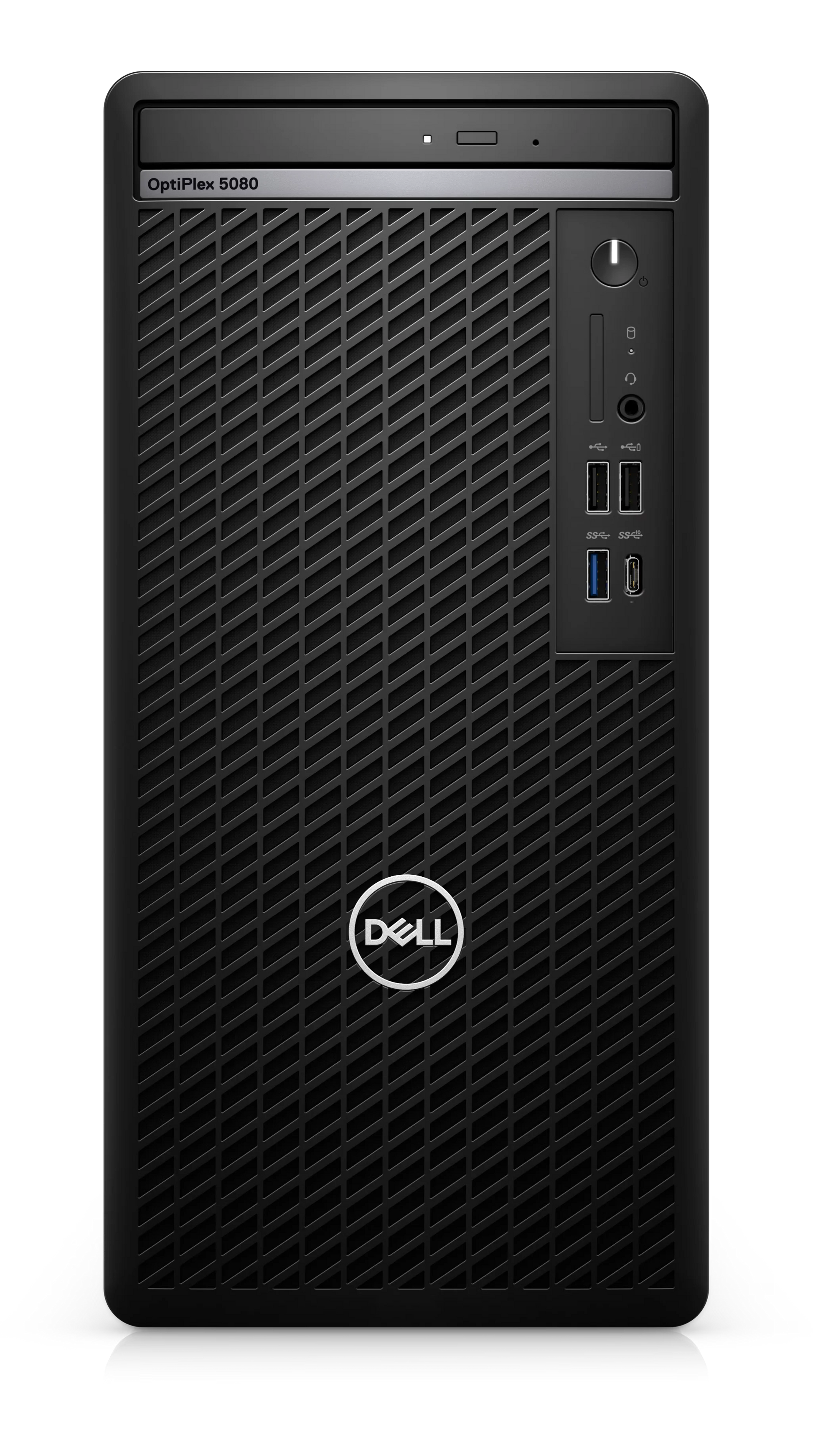 Refurbished Dell OptiPlex tower desktop with Intel Core i7-10700 processor, black case, and front USB ports.