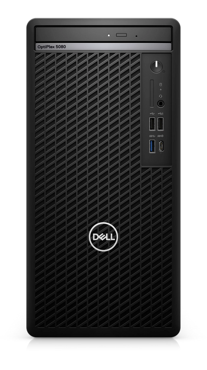 Refurbished Dell OptiPlex tower desktop with Intel Core i7-10700 processor, black case, and front USB ports.