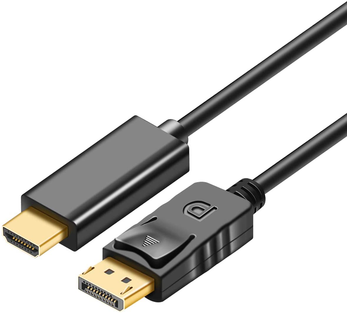 Uniway Computers DisplayPort to HDMI video cable showing connectors and cable for high-definition video transfer.