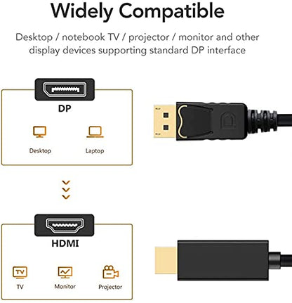 Uniway Computers DisplayPort to HDMI video cable showing connectors for seamless digital video and audio transfer.