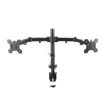Dual arm monitor mount from Uniway Computers, full motion 360-degree desktop dual monitor desk mount with adjustable arms.