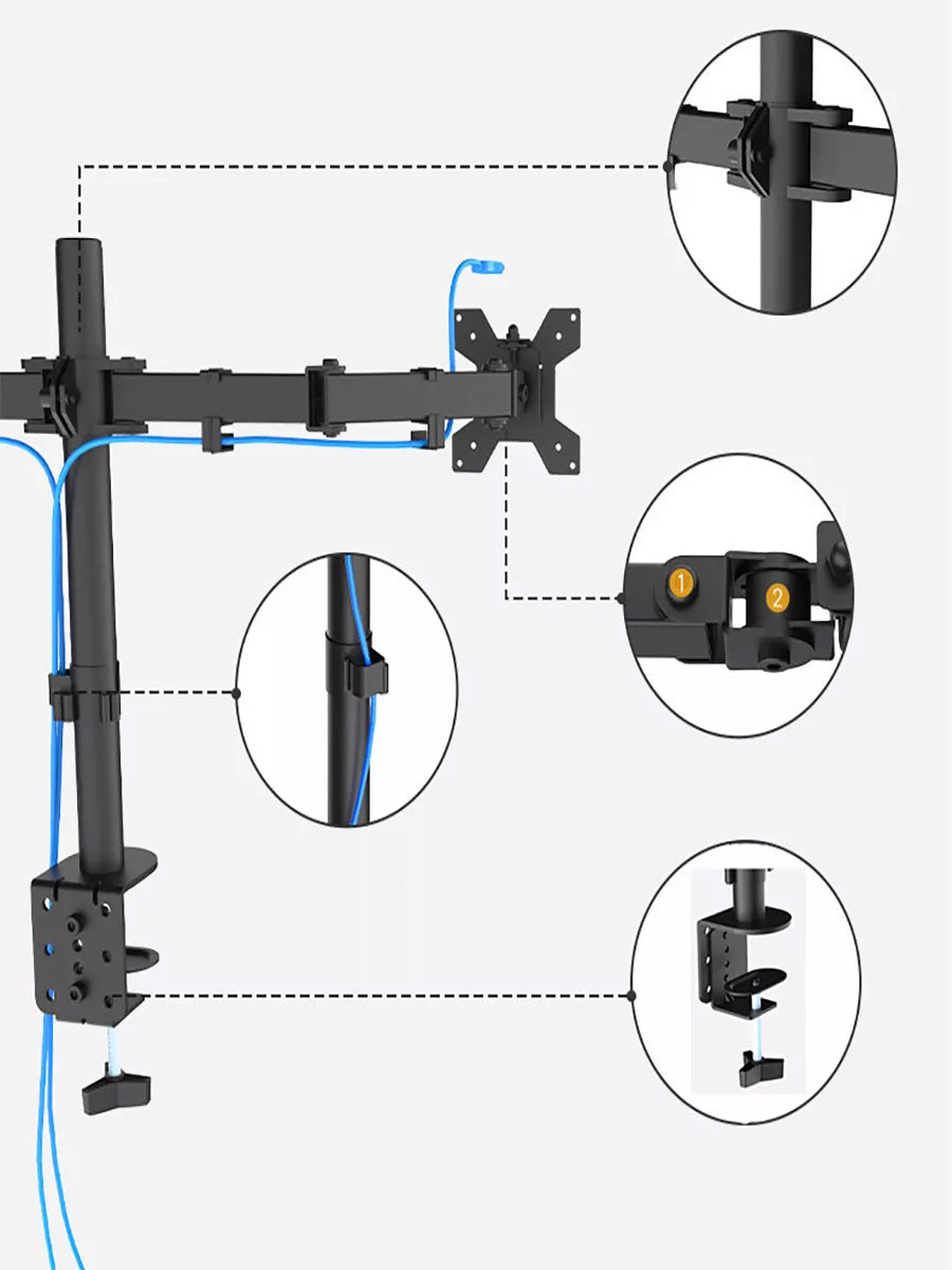 Dual monitor desk mount with full motion 360-degree swivel arms by Uniway Computers, attaches securely to a desk.