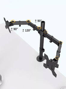 Dual-arm Uniway Computers monitor mount with full motion 360-degree swivel for two screens, adjustable for ergonomic desk setup.