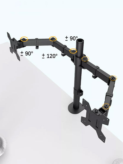 Dual-arm Uniway Computers monitor mount with full motion 360-degree swivel for two screens, adjustable for ergonomic desk setup.