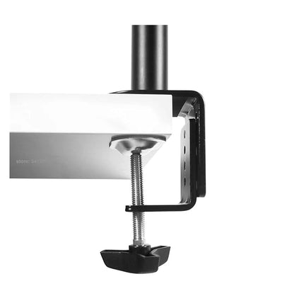 Dual-arm desktop monitor mount by Uniway Computers with 360-degree rotation, adjustable for dual monitors on a desk.