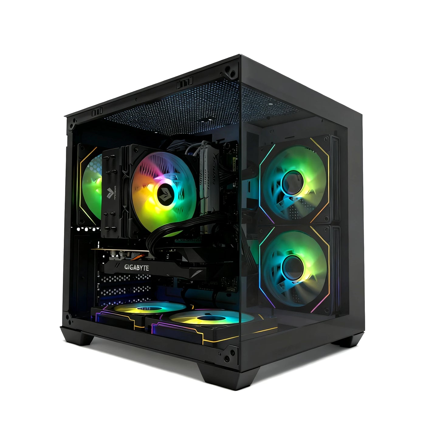 Uniway Gaming PC with AMD Ryzen 5 7600X processor, black gaming computer with RGB lighting and sleek design.