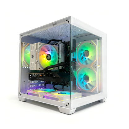 Uniway Gaming PC with AMD Ryzen 5 7600X processor, black gaming computer tower with RGB lighting and front USB ports.