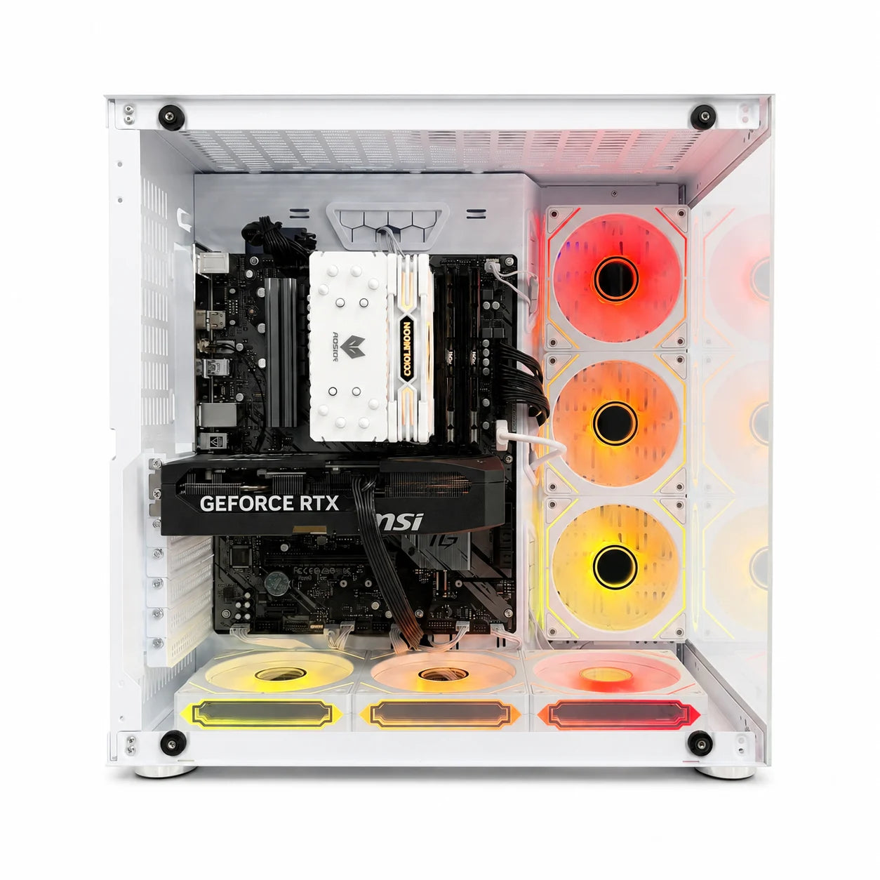 Uniway Gaming Crystal PC with AMD Ryzen 7 8700F processor, black gaming computer setup with RGB lighting and cooling fans.