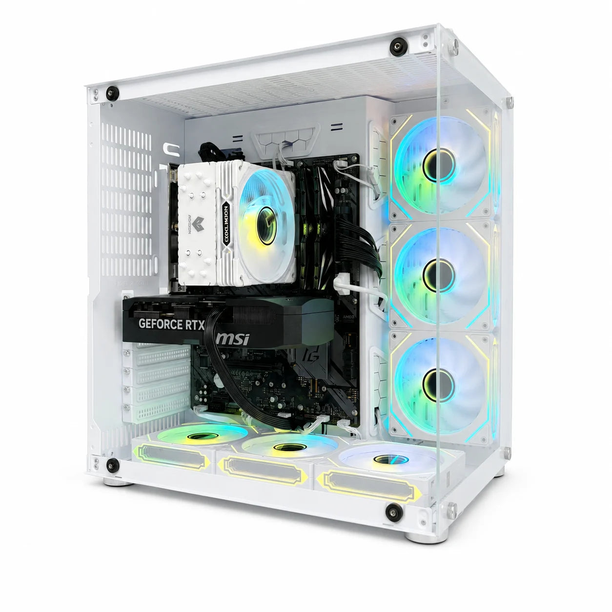 Uniway Gaming Crystal PC with AMD Ryzen 7 8700F processor, black gaming computer tower with cooling fans and RGB accents.