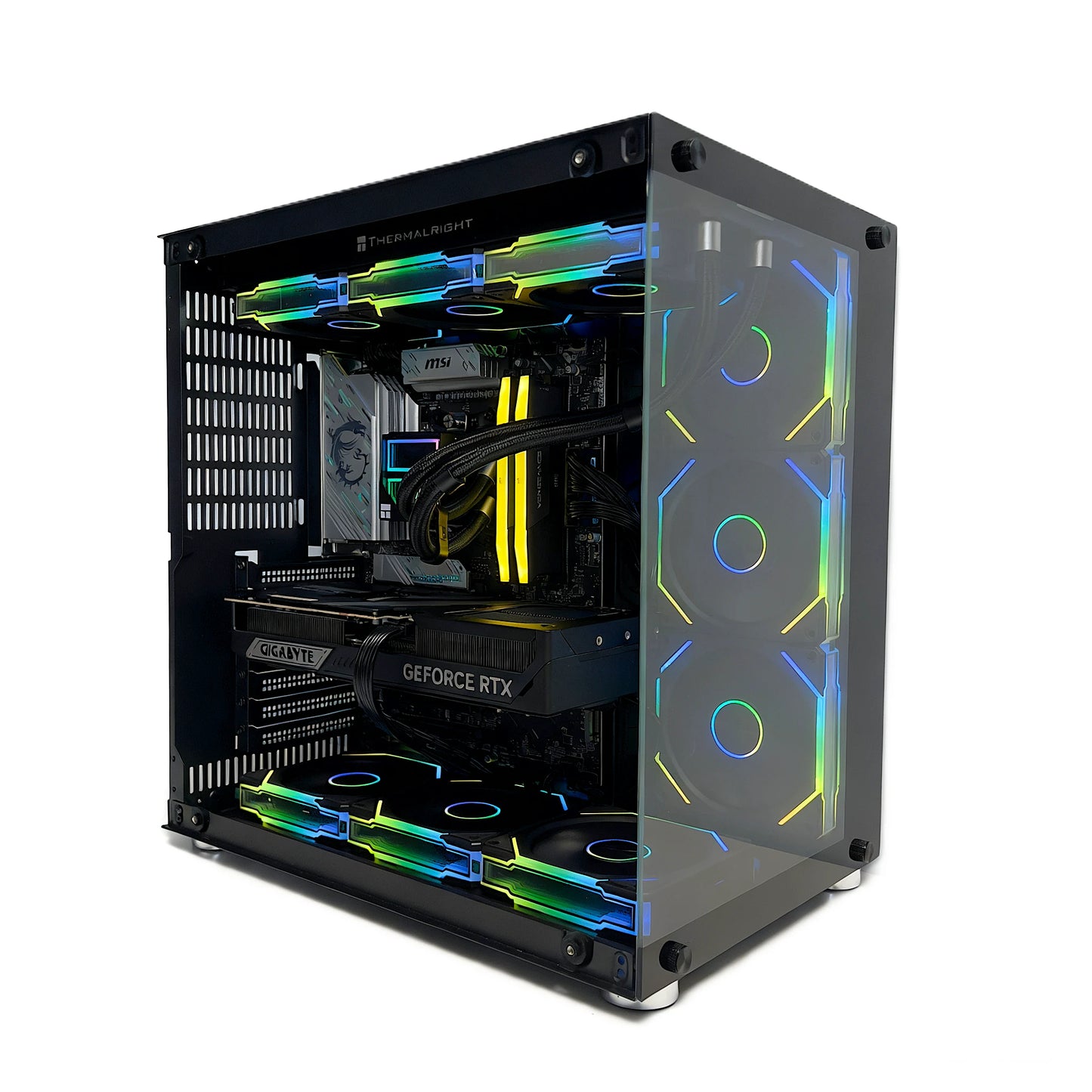 Uniway Gaming PC with AMD Ryzen 9 9950X3D processor, black gaming computer tower with RGB lighting and high-performance components.