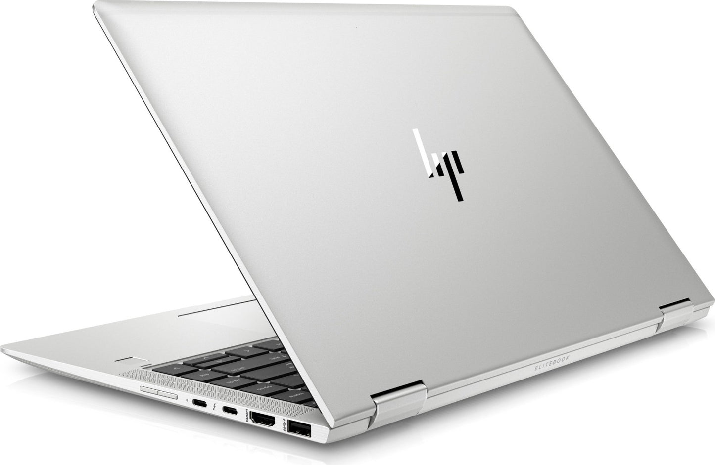 HP EliteBook x360 14-inch refurbished laptop with Intel Core i7-8550U, showing the sleek open laptop with keyboard and screen.
