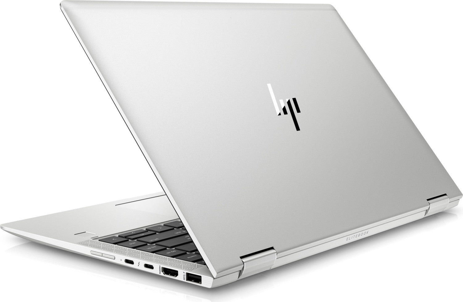 HP EliteBook x360 14-inch refurbished laptop with Intel Core i7-8550U, showing the sleek open laptop with keyboard and screen.