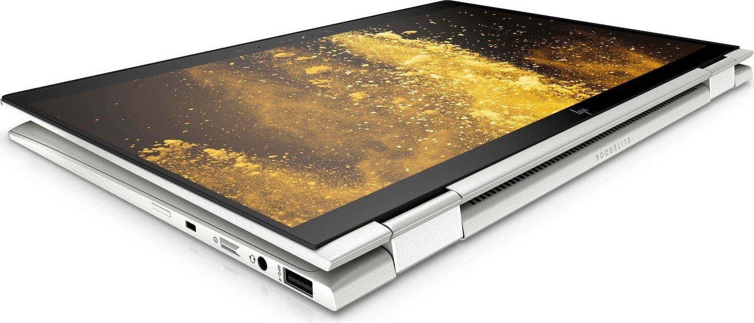 HP EliteBook x360 1040 G5 refurbished 14-inch laptop with Intel Core i7-8550U, shown open with keyboard and screen visible.
