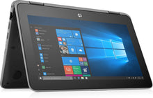 Refurbished HP ProBook x360 11 G4 laptop with 11.6-inch display and Intel Core i5-8200Y processor, open with keyboard visible.