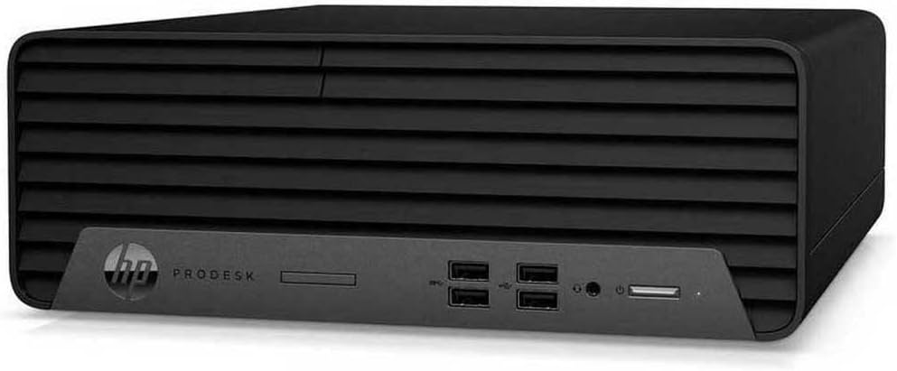 Refurbished HP ProDesk small form factor desktop with Intel Core i5-10500 processor, black case, and front USB ports.